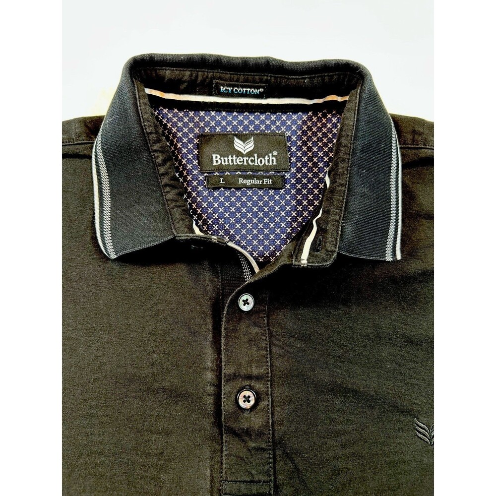 Buttercloth Icy Cotton Mens Golf Polo Shirt Black w Gray Piping Size L